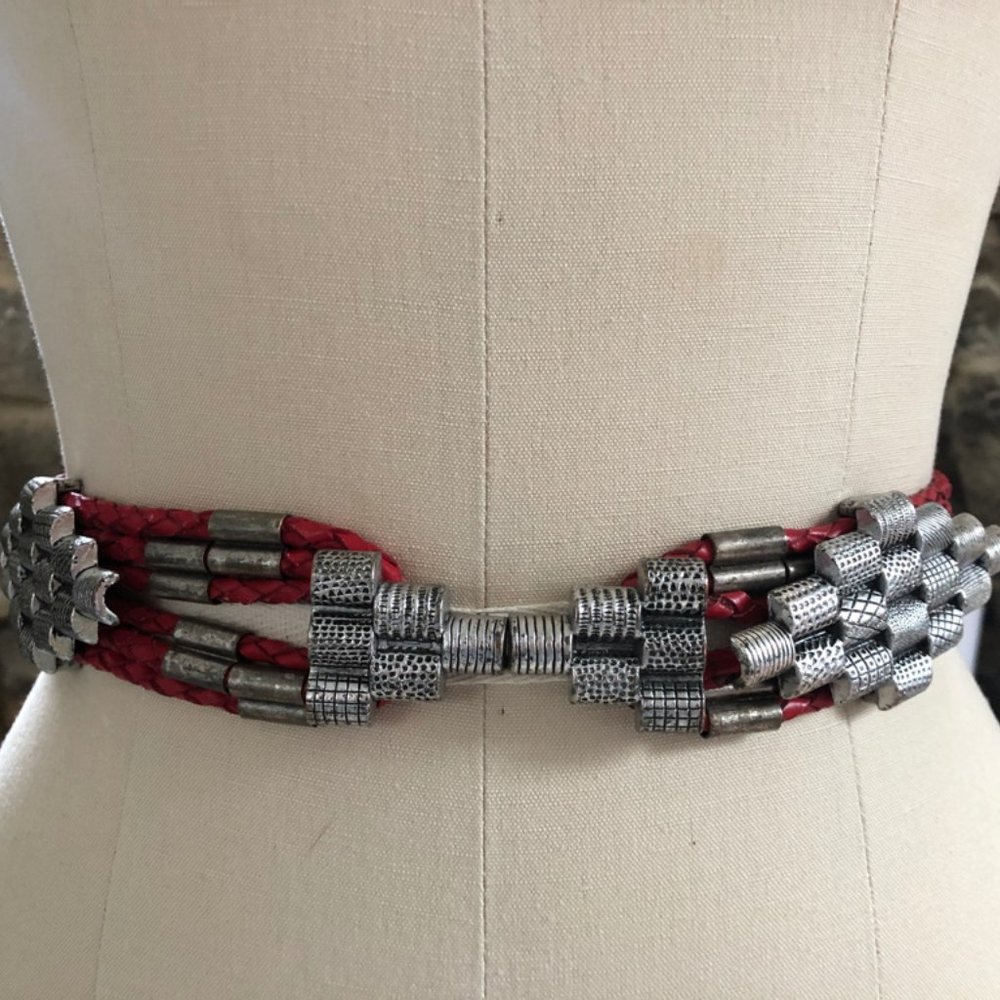 Vintage Red Leather Braided Belt with Silver